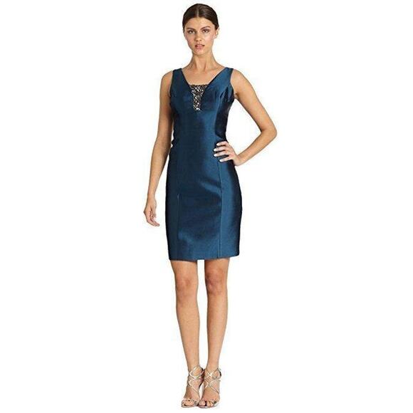 Rickie Freeman for Teri Jon Beaded Silk Blend Formal Cocktail Sheath Dress - Picture 1 of 10